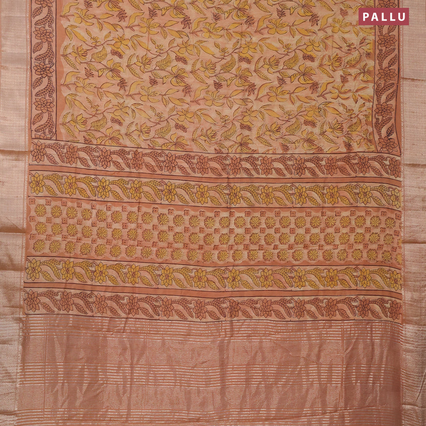 Semi gadwal saree sandal and peach shade with allover floral prints and zari woven border