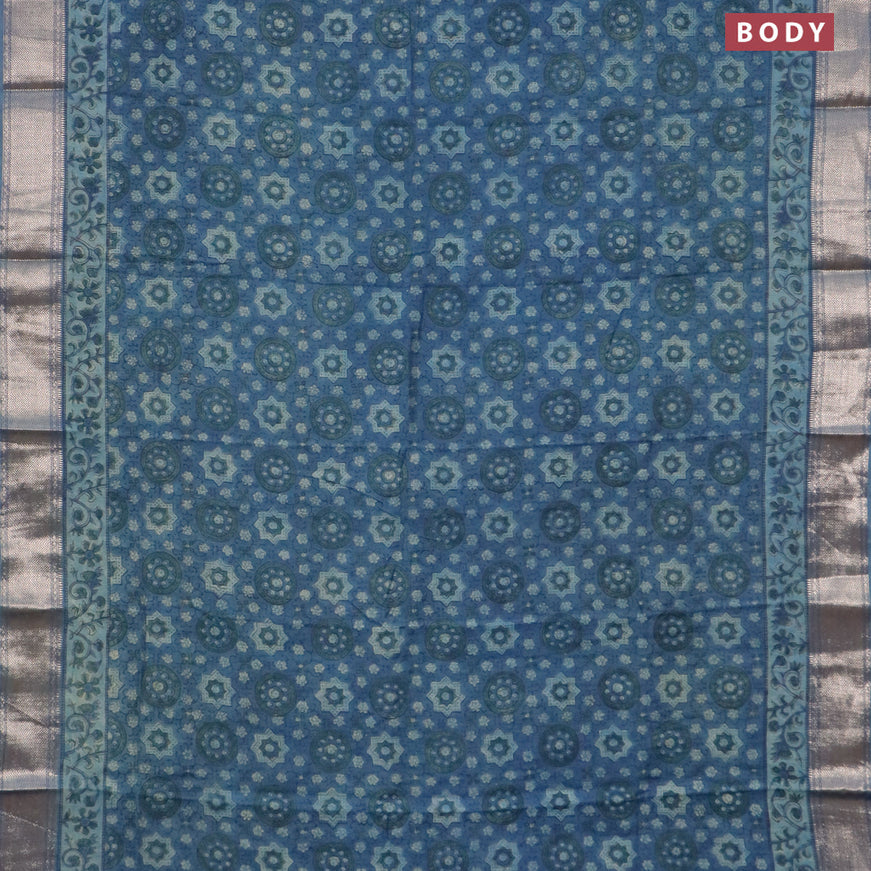Semi gadwal saree blue shade with allover ajrakh prints and zari woven border