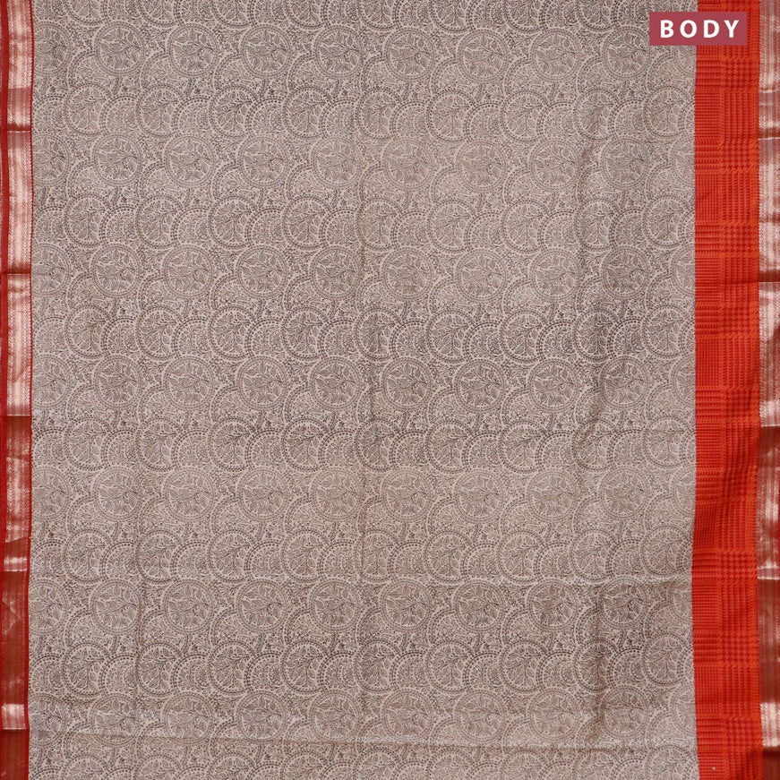 Semi gadwal saree beige black and orange maroon with allover prints and zari woven border