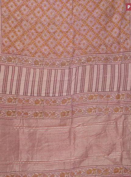 Semi gadwal saree peach shade with allover floral prints and zari woven border