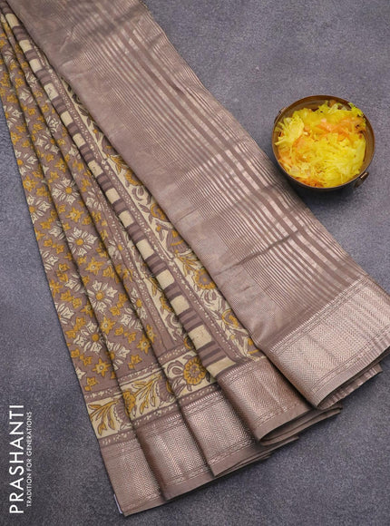 Semi gadwal saree grey shade with allover floral prints and zari woven border