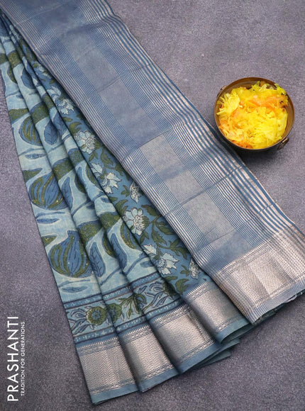 Semi gadwal saree bluish grey with allover prints and zari woven border