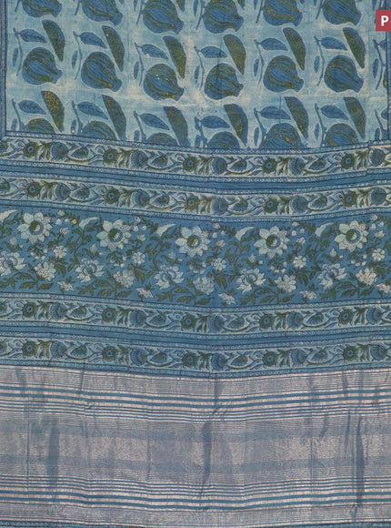 Semi gadwal saree bluish grey with allover prints and zari woven border