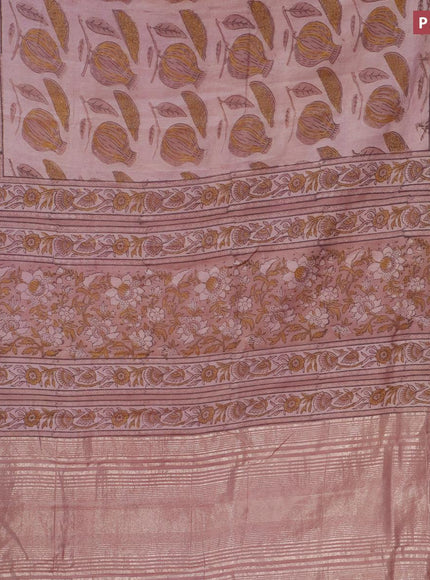 Semi gadwal saree greyish purple with allover prints and zari woven border