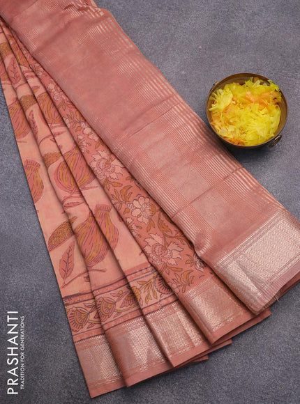 Semi gadwal saree peach shade with allover prints and zari woven border