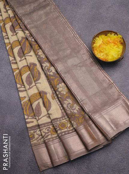 Semi gadwal saree sandal and brown shade with allover prints and zari woven border