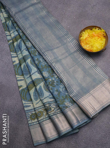 Semi gadwal saree bluish grey with allover prints and zari woven border