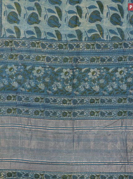 Semi gadwal saree bluish grey with allover prints and zari woven border