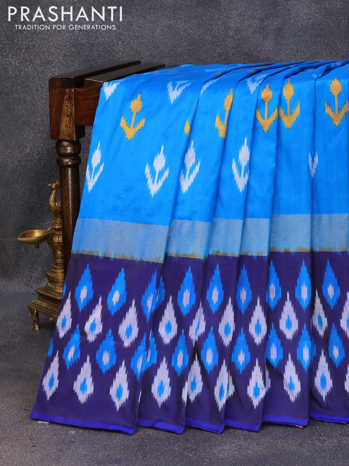 Pochampally silk saree cs blue and navy blue with allover ikat butta w ...