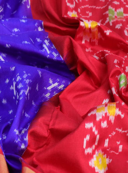 Pochampally silk saree royal blue and red with allover ikat butta weaves and long zari woven ikat style border