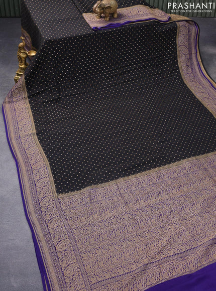 Pure banarasi crepe silk saree black and blue with allover thread & zari woven geometric butta weaves and paisley woven border