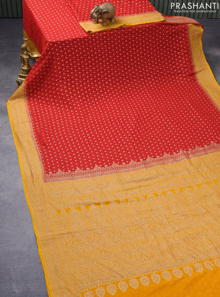 Pure banarasi georgette silk saree maroon and mustard yellow with allover thread & zari woven butta weaves and woven border