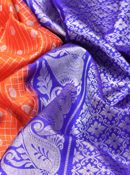 Venkatagiri silk saree orange and blue with allover silver checks & butta weaves and long rich annam silver zari woven border