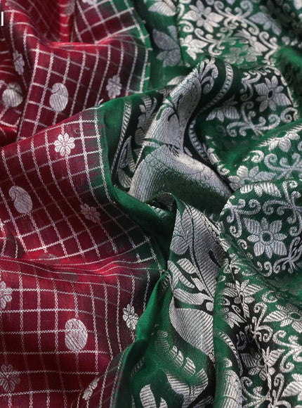 Venkatagiri silk saree maroon and green with allover silver checks & butta weaves and long rich annam silver zari woven border