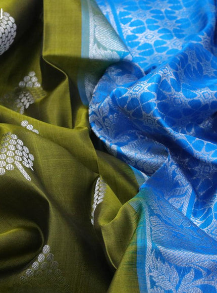 Venkatagiri silk saree mehendi green and cs blue with silver zari woven geometric buttas and long rich silver zari woven border