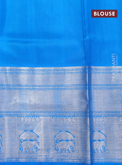 Venkatagiri silk saree mehendi green and cs blue with silver zari woven geometric buttas and long rich silver zari woven border