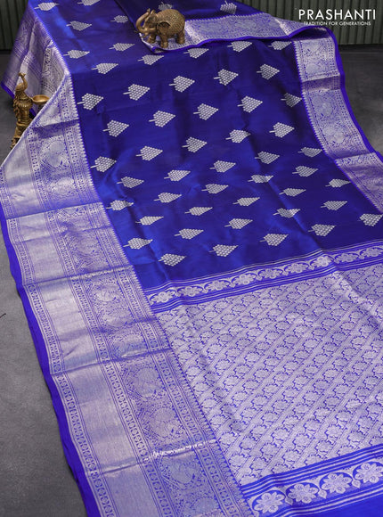 Venkatagiri silk saree dark blue and royal blue with silver zari woven geometric buttas and long annam silver zari woven border