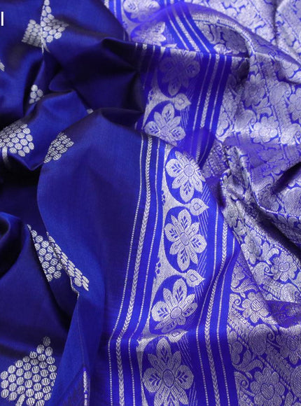 Venkatagiri silk saree dark blue and royal blue with silver zari woven geometric buttas and long annam silver zari woven border