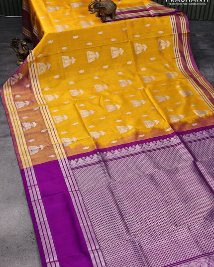 Venkatagiri silk saree yellow and purple with allover silver zari woven buttas and rettapet silver zari woven butta border