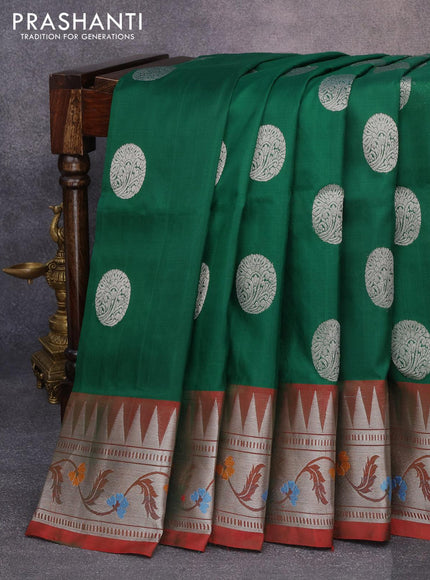 Venkatagiri silk saree green and dual shade of maroon with silver zari woven buttas and temple design silver zari woven floral paithani border