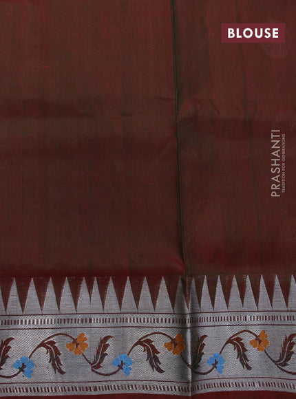 Venkatagiri silk saree green and dual shade of maroon with silver zari woven buttas and temple design silver zari woven floral paithani border