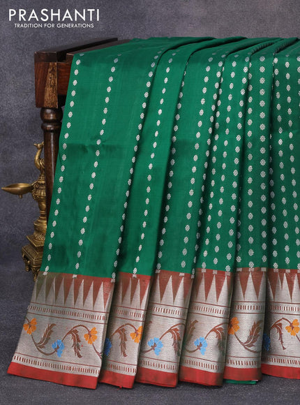 Venkatagiri silk saree dark green and dual shade of maroon with allover silver zari buttas and temple design silver zari woven paithani border