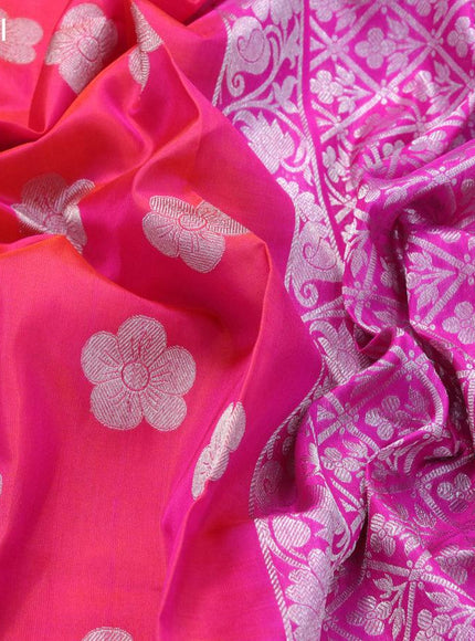 Venkatagiri silk saree dual shade of candy pink and pink with floral silver zari woven buttas and silver zari woven border