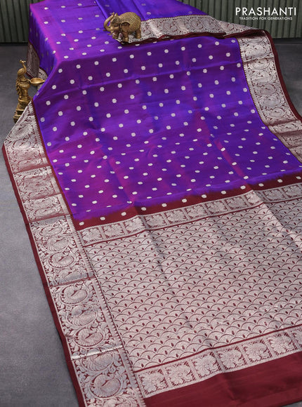 Venkatagiri silk saree dual shade of blue and deep maroon with allover silver zari woven buttas and rich zari woven annam border