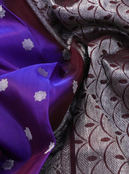 Venkatagiri silk saree dual shade of blue and deep maroon with allover silver zari woven buttas and rich zari woven annam border