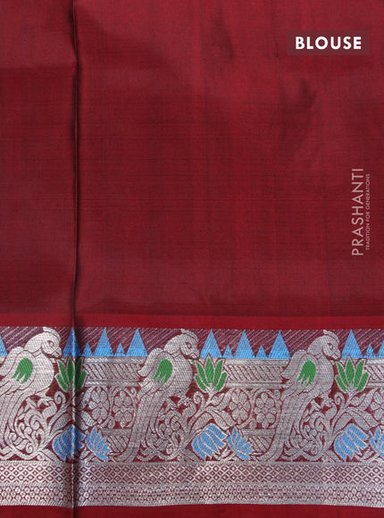 Venkatagiri silk saree bottle green and maroon with silver zari woven floral buttas and rich silver zari woven peacock design paithani border