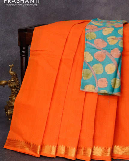 Mangalgiri silk cotton saree orange and teal blue with plain body and zari woven border & kalamkari hand painted blouse