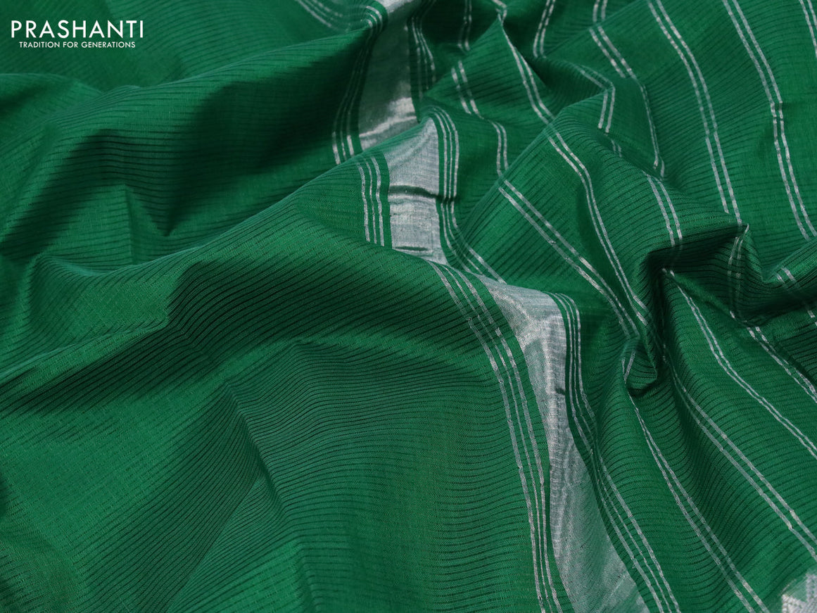 Mangalgiri silk cotton saree green and rust shade with plain body and long silver zari woven checks border & kalamkari hand painted blouse