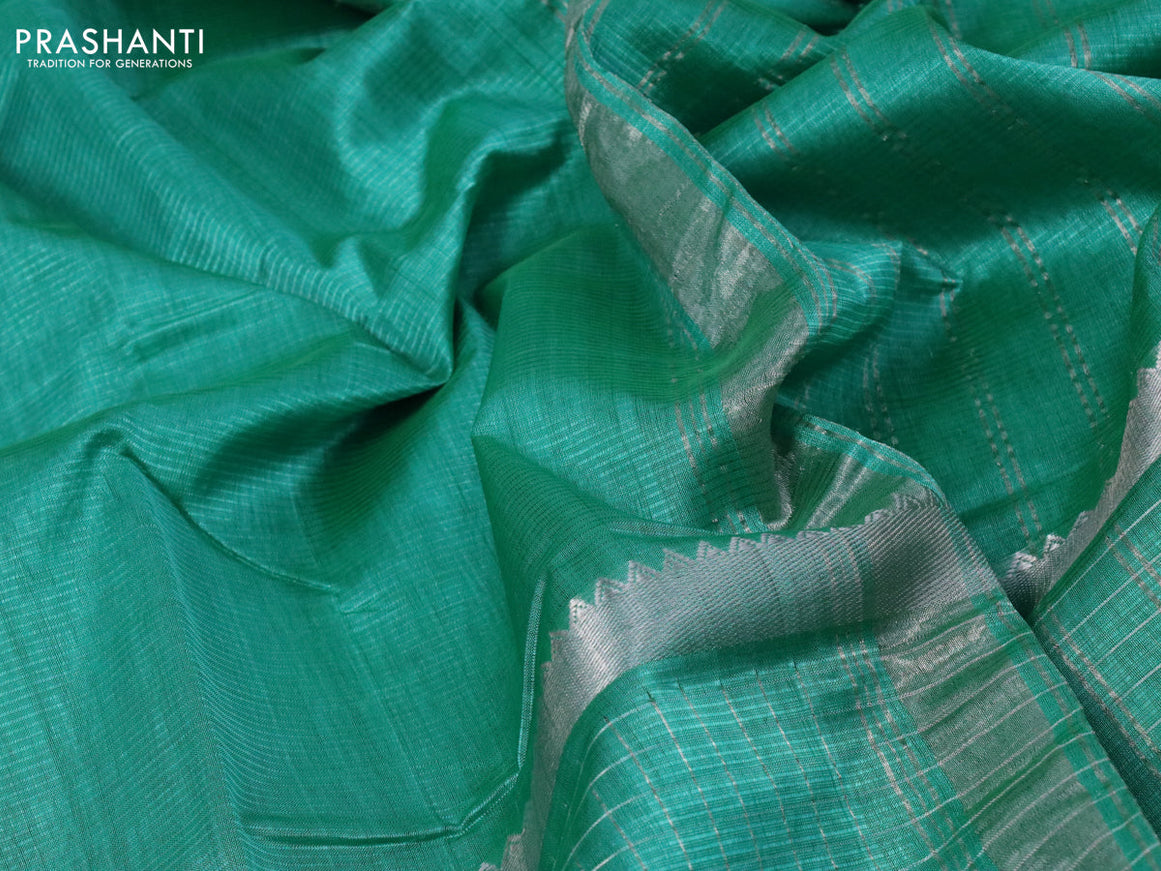Mangalgiri silk cotton saree teal green and peach shade with plain body and long silver zari woven checks border & kalamkari hand painted blouse