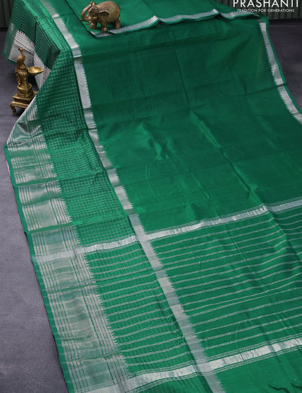 Mangalgiri silk cotton saree green and mustard yellow with plain body and long silver zari woven checks border & kalamkari hand painted blouse