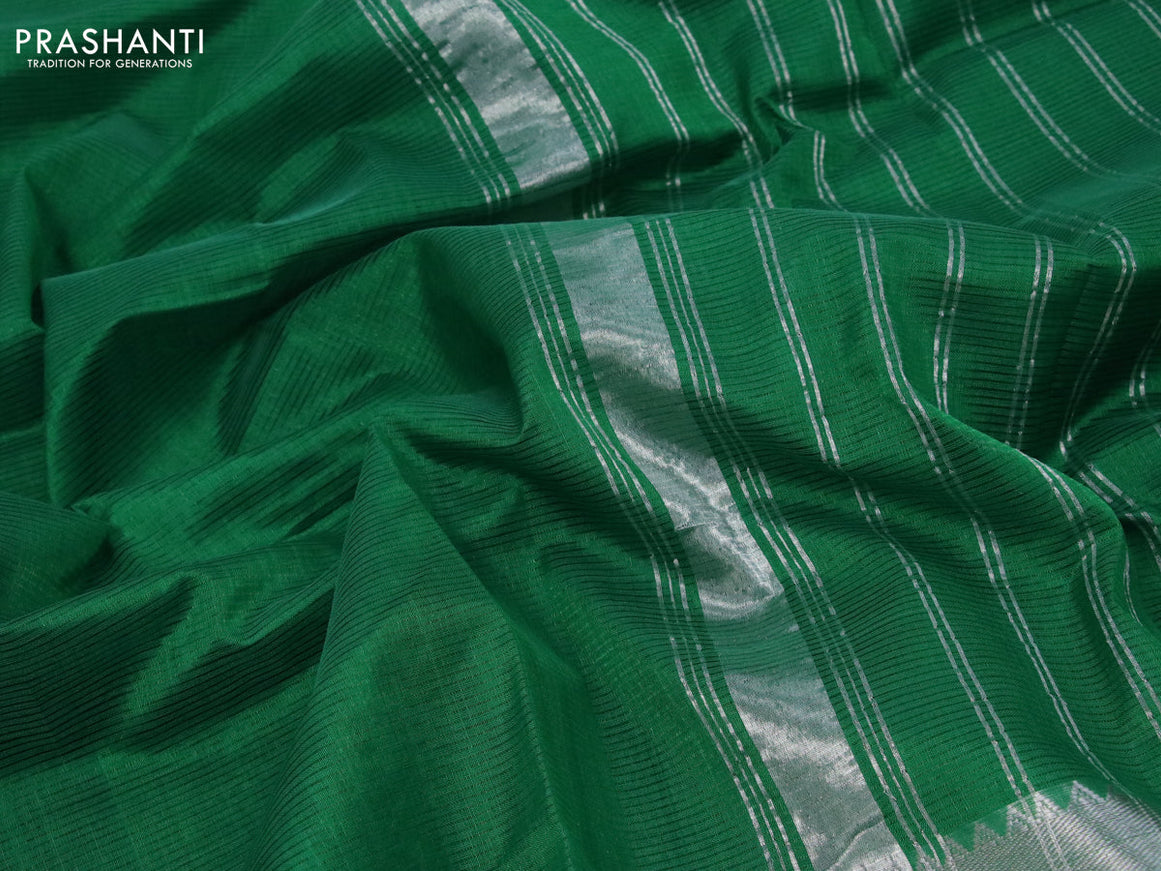 Mangalgiri silk cotton saree green and mustard yellow with plain body and long silver zari woven checks border & kalamkari hand painted blouse