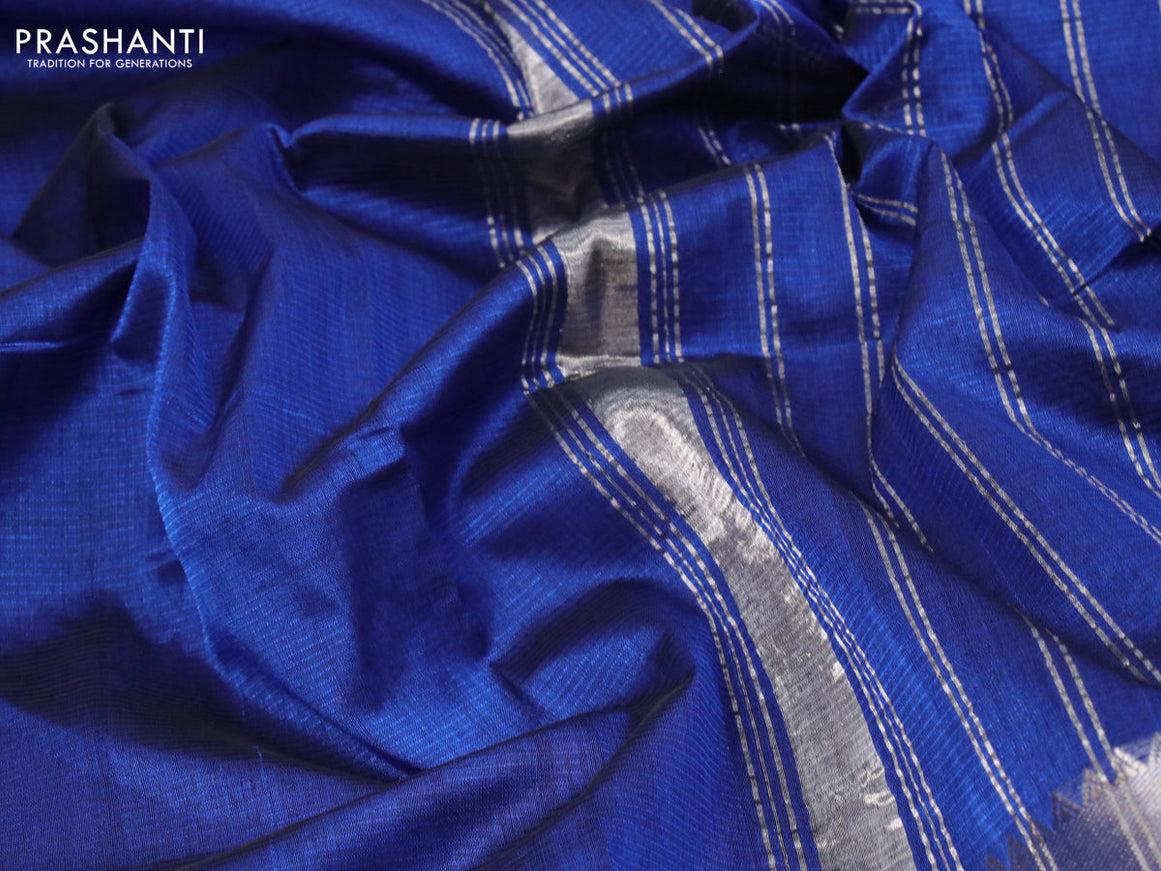 Mangalgiri silk cotton saree blue and mehendi green with plain body and long silver zari woven checks border & kalamkari hand painted blouse