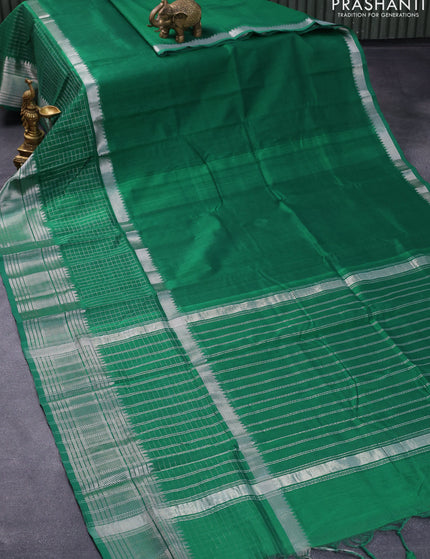 Mangalgiri silk cotton saree green and mustard yellow with plain body and long silver zari woven checks border & kalamkari hand painted blouse