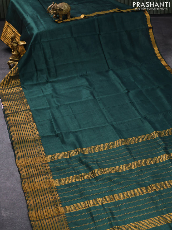 Mangalgiri silk cotton saree bottle green and cs blue with plain body and zari woven border & kalamkari hand painted blouse