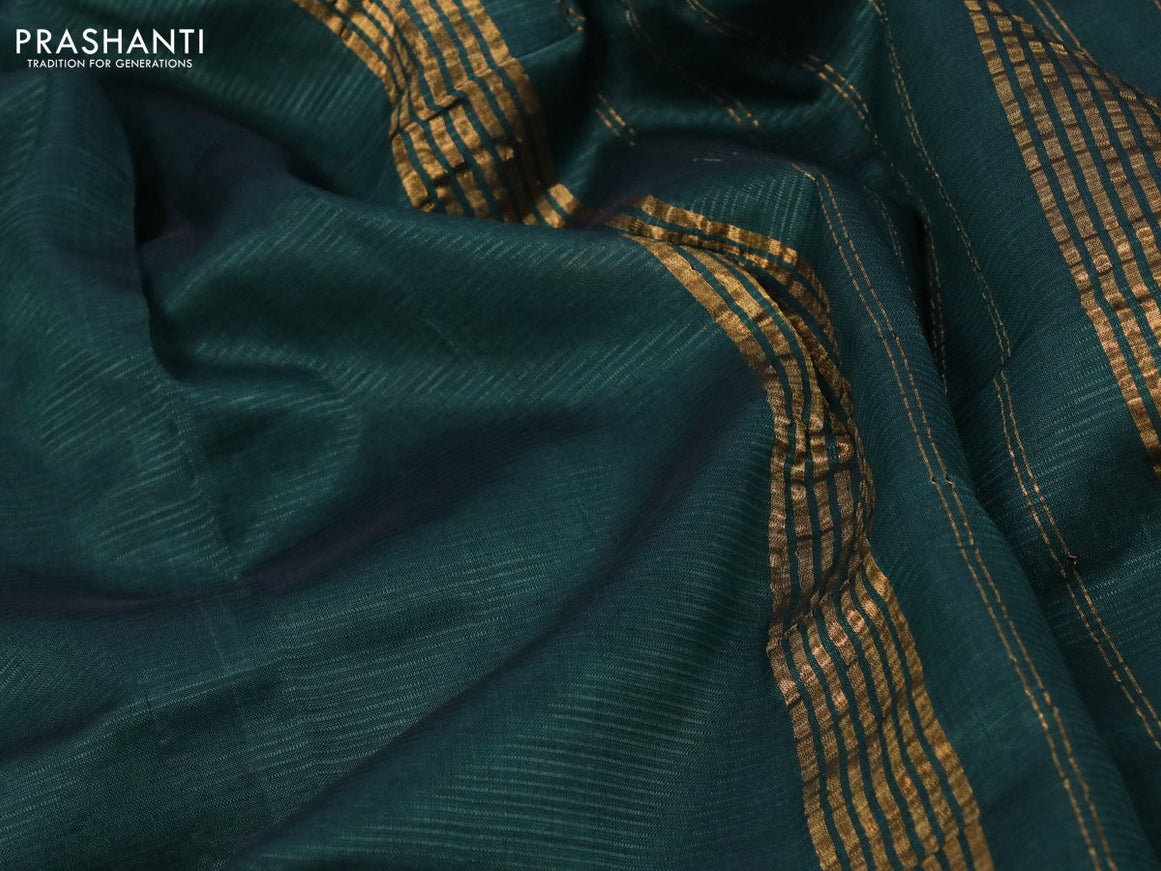 Mangalgiri silk cotton saree bottle green and cs blue with plain body and zari woven border & kalamkari hand painted blouse