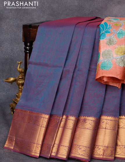 Mangalgiri silk cotton saree dual shade of bluish maroon and rust shade with plain body and annam zari woven border & kalamkari hand painted blouse