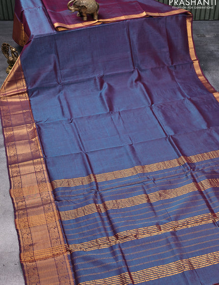 Mangalgiri silk cotton saree dual shade of bluish maroon and rust shade with plain body and annam zari woven border & kalamkari hand painted blouse