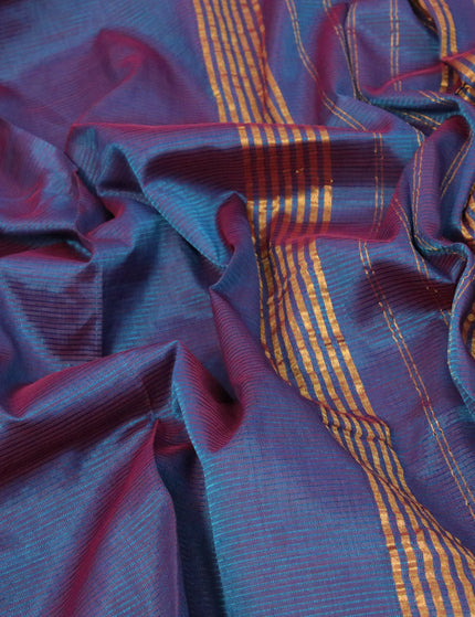 Mangalgiri silk cotton saree dual shade of bluish maroon and rust shade with plain body and annam zari woven border & kalamkari hand painted blouse