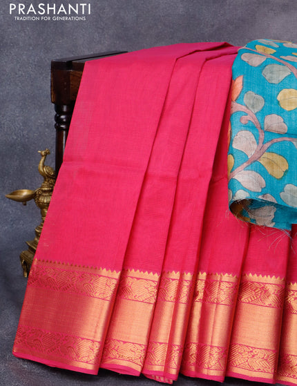 Mangalgiri silk cotton saree dark pink and teal blue with plain body and annam zari woven border & kalamkari hand painted blouse