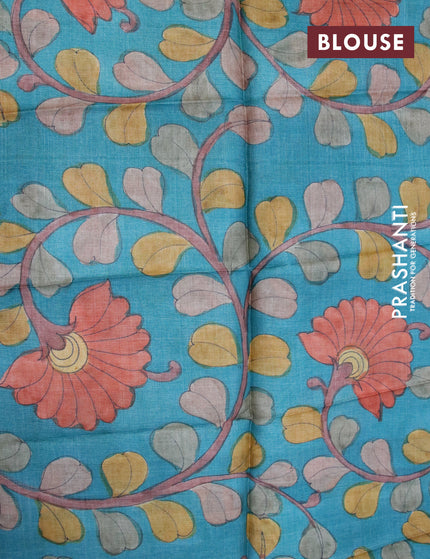 Mangalgiri silk cotton saree dark pink and teal blue with plain body and annam zari woven border & kalamkari hand painted blouse