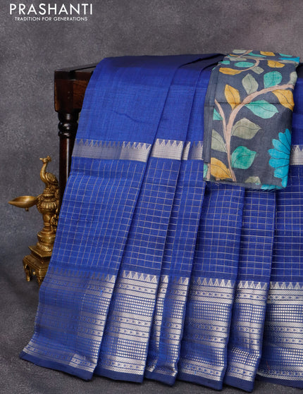 Mangalgiri silk cotton saree royal blue and grey with plain body and long silver zari woven checks border & kalamkari hand painted blouse