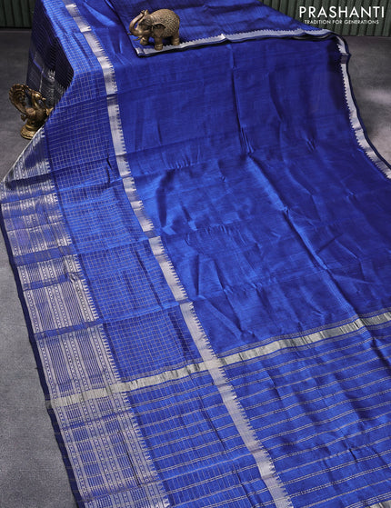 Mangalgiri silk cotton saree royal blue and grey with plain body and long silver zari woven checks border & kalamkari hand painted blouse