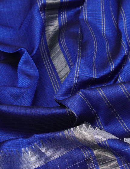 Mangalgiri silk cotton saree royal blue and grey with plain body and long silver zari woven checks border & kalamkari hand painted blouse