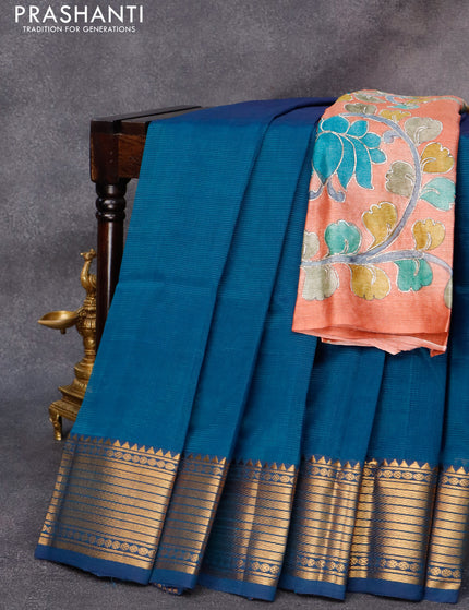 Mangalgiri silk cotton saree peacock blue and rust shade with plain body and zari woven border & kalamkari hand painted blouse