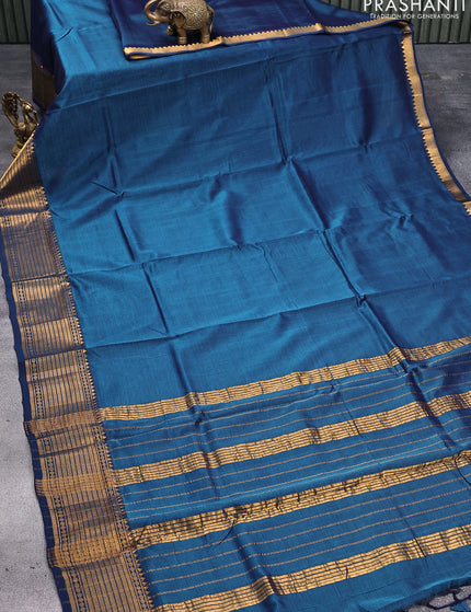 Mangalgiri silk cotton saree peacock blue and rust shade with plain body and zari woven border & kalamkari hand painted blouse