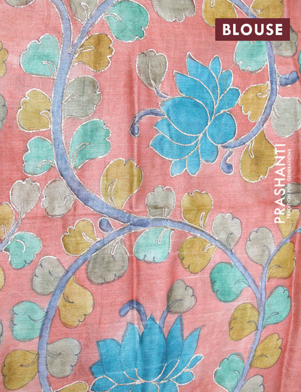 Mangalgiri silk cotton saree peacock blue and rust shade with plain body and zari woven border & kalamkari hand painted blouse